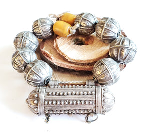 Old silver granulation hallmarked Globe beads star burst Hirz Necklace from Yemen circa 1930s,Bedouin tribal Silver,Ethnic Jewelry