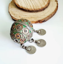 Load image into Gallery viewer, Antique Moroccan Enameled Silver Ball Pendent with Coin Pendants,Hand Crafted Silver,Pendants Necklace,Ethnic Jewelry,Tribal Jewelry
