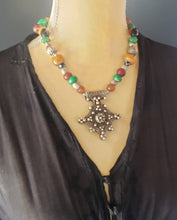 Load image into Gallery viewer, antique Berber silver Cross Amber trade beads necklace,Hand Crafted Silver,Pendants Necklace,Ethnic Jewelry,Tribal Jewelry