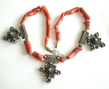 Load image into Gallery viewer, Antique Moroccan Berber natural red Coral Berber Old silver cross Pendants Necklace ,Berber Necklaces,Ethnic Jewelry,Tribal Jewelry
