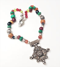Load image into Gallery viewer, antique Berber silver Cross Amber trade beads necklace,Hand Crafted Silver,Pendants Necklace,Ethnic Jewelry,Tribal Jewelry