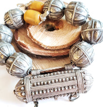 Load image into Gallery viewer, Old silver granulation hallmarked Globe beads star burst Hirz Necklace from Yemen circa 1930s,Bedouin tribal Silver,Ethnic Jewelry