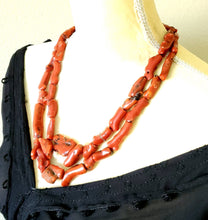 Load image into Gallery viewer, Antique Berber Natural Branch tow strand Red Coral Beads Morocco 225 gr,Hand Crafted ,Red Coral Necklace,Ethnic Coral ,Tribal Jewelry