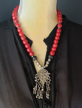 Load image into Gallery viewer, Antique Yemen silver Dangle Filigree Red Beads Necklace,trade beads, Ethiopian necklace, Ethiopian trade beads, Filigree Necklace