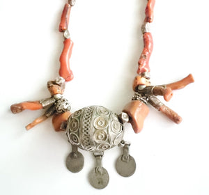 Antique Moroccan Red Coral Silver Enameled Ball Pendent with Coin necklace ,Berber Necklaces,Ethnic Jewelry,Tribal Jewelry