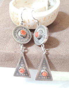 Moroccan Berber Sterling Silver Coral Dangle Earrings, Berber Jewelry, sliver Earrings, Dangle & Drop Earrings,