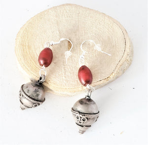 Old silver red glass Beads Earrings Ethiopia Ethnic Tribal,Ethnic Jewelry,sliver Earrings,Dangle & Drop Earrings,Tribal Jewelry,