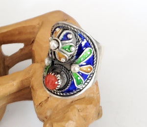 Moroccan enamel and genuine coral sterling silver 925 Berber Ring size 7.5, Ethnic Rings, Tribal Jewelry, Moroccan Rings, Berber Jewelry