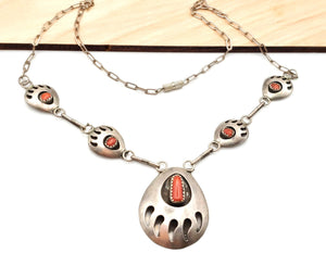 Vintage Red Coral & Sterling Silver Pendant Necklace hallmarked "sterling "on 20" sterling chain Stunning Navajo piece