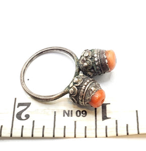 Antique Bawsani Yemen Silver Red Coral Ring size 7 Yemen tribal silver, tribal jewelry, Hand Crafted Silver, Yemen Jewelry