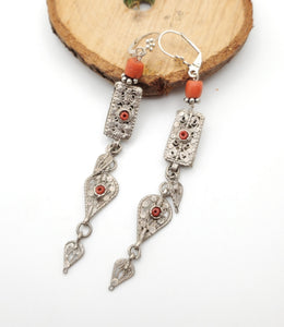 Antique Bawsani Yemen dangling Bells silver Earrings with coral Beads Earrings, yemeni jewelry,danglin Earrings,Bawsani Earrings