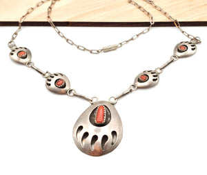 Vintage Red Coral & Sterling Silver Pendant Necklace hallmarked "sterling "on 20" sterling chain Stunning Navajo piece