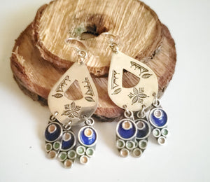 Moroccan green yellow blue Enamel Earrings sterling silver 925,Berber Earrings ,Ethnic Tribal,African Dangles,Ethnic Tribal