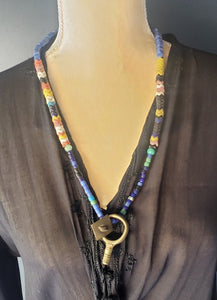 African Old Ethiopian Blue Glass Beads tribal Necklace Brass Pendants Ornament ,African Necklace, Trade Beads ,tribal jewelry