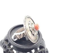 Load image into Gallery viewer, Antique Bawsani Yemen Silver Red Coral Ring size 8 Yemen tribal silver, tribal jewelry, Hand Crafted Silver, Yemen Jewelry, filigree Jewelry
