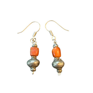 Antique silver coral Beads Earrings Ethnic Tribal
