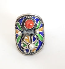 Load image into Gallery viewer, Moroccan enamel and genuine coral sterling silver 925 Berber Ring size 7.5, Ethnic Rings, Tribal Jewelry, Moroccan Rings, Berber Jewelry
