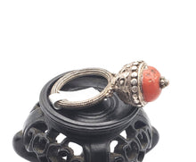 Load image into Gallery viewer, Antique Bawsani Yemen Silver Red Coral Ring size 8 Yemen tribal, tribal jewelry, Hand Crafted Silver, Yemen Jewelry, filigree Jewelry
