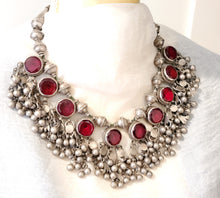 Load image into Gallery viewer, Antique Yemeni Bridal Silver Islamic red Glas Pendants Necklace,Ethnic Jewelry,circa 1910s
