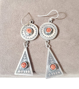 Moroccan Berber Sterling Silver Coral Dangle Earrings, Berber Jewelry, sliver Earrings, Dangle & Drop Earrings,