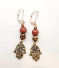Load image into Gallery viewer, Moroccan Hand of Fatima Hamsa Filigree Earrings brass, Hand of Fatima Jewelry, Dangle &amp; Drop Earrings,
