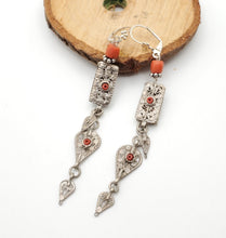 Load image into Gallery viewer, Antique Bawsani Yemen dangling Bells silver Earrings with coral Beads Earrings, yemeni jewelry,danglin Earrings,Bawsani Earrings
