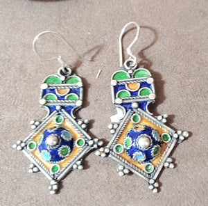 Moroccan Berber Sterling Silver enamels Dangle Earrings, Berber Jewelry, sliver Earrings, Dangle & Drop Earrings,