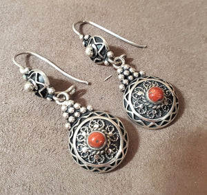 Moroccan Berber Sterling Silver Coral Dangle Earrings, Berber Jewelry, sliver Earrings, Dangle & Drop Earrings,