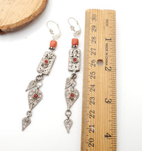 Load image into Gallery viewer, Antique Bawsani Yemen dangling Bells silver Earrings with coral Beads Earrings, yemeni jewelry,danglin Earrings,Bawsani Earrings
