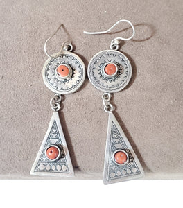 Moroccan Berber Sterling Silver Coral Dangle Earrings, Berber Jewelry, sliver Earrings, Dangle & Drop Earrings,