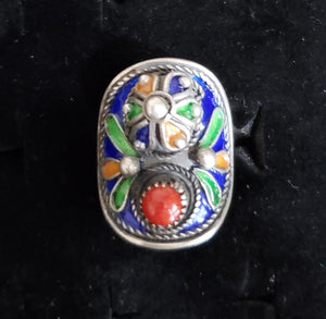 Moroccan enamel and genuine coral sterling silver 925 Berber Ring size 7.5, Ethnic Rings, Tribal Jewelry, Moroccan Rings, Berber Jewelry