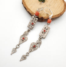 Load image into Gallery viewer, Antique Bawsani Yemen dangling Bells silver Earrings with coral Beads Earrings, yemeni jewelry,danglin Earrings,Bawsani Earrings
