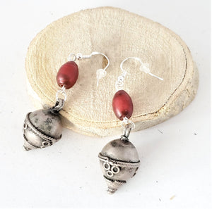 Old silver red glass Beads Earrings Ethiopia Ethnic Tribal,Ethnic Jewelry,sliver Earrings,Dangle & Drop Earrings,Tribal Jewelry,