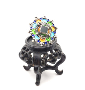 Moroccan Talismanic Berber Silver Enamel and glass cabochon Ring size 10, tribal jewelry, Silver, Ethnic Jewelry, Tribal Jewelry
