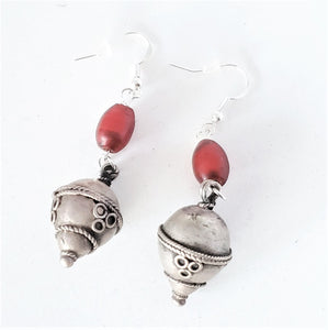 Old silver red glass Beads Earrings Ethiopia Ethnic Tribal,Ethnic Jewelry,sliver Earrings,Dangle & Drop Earrings,Tribal Jewelry,