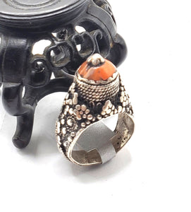 Antique Bawsani Yemen Silver Red Coral Ring size 8 Yemen tribal silver, tribal jewelry, Hand Crafted Silver, Yemen Jewelry