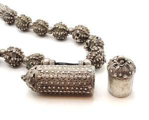 Old silver granulation Hirz prayer amulet pendant granulation beads Necklace from Yemen circa 1910s, Bedouin Silver, Ethnic Jewelry