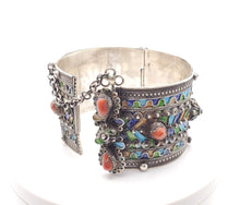 Load image into Gallery viewer, Original Old Kabyle silver enamel red coral cuff bracelet, ethnic tribal, tribal bracelets, jewelry Kabyle, ethnic jewelry, enamel bracelets
