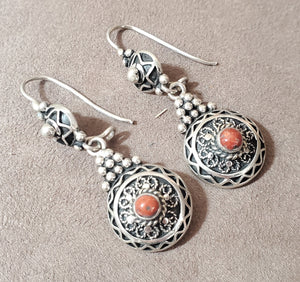 Moroccan Berber Sterling Silver Coral Dangle Earrings, Berber Jewelry, sliver Earrings, Dangle & Drop Earrings,