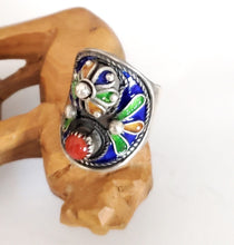 Load image into Gallery viewer, Moroccan enamel and genuine coral sterling silver 925 Berber Ring size 7.5, Ethnic Rings, Tribal Jewelry, Moroccan Rings, Berber Jewelry
