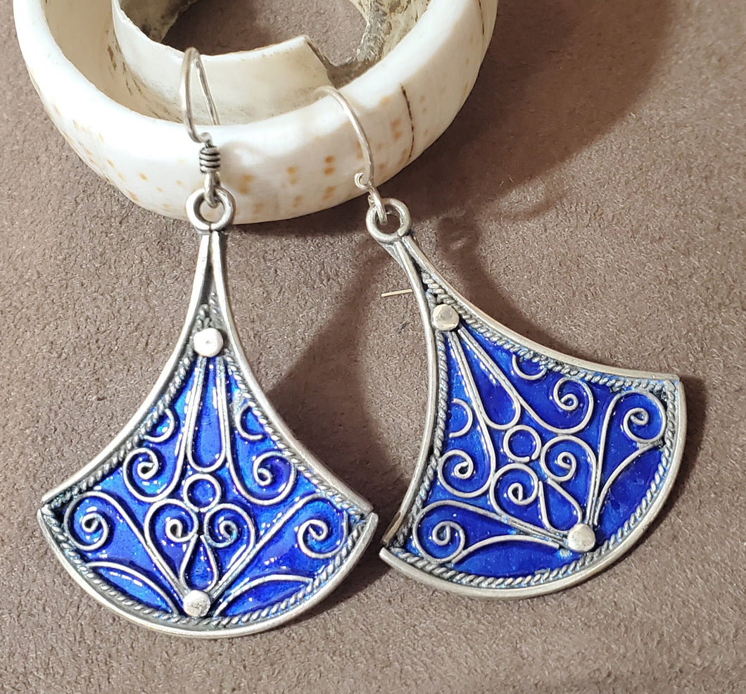 Moroccan blue Enamel Earrings sterling 925 silver, Berber Earrings, sliver Earrings, Dangle & Drop Earrings,