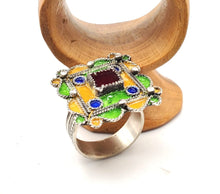 Load image into Gallery viewer, Moroccan Talismanic Berber Silver Enamel and glass cabochon Ring size 10.5, tribal jewelry, Silver, Ethnic Jewelry, Tribal Jewelry

