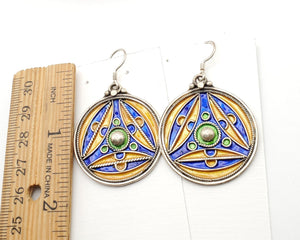Moroccan green, yellow, blue Enamel Earrings sterling 925 silver, Berber Earrings, sliver Earrings, Dangle & Drop Earrings,