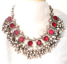 Load image into Gallery viewer, Antique Yemeni Bridal Silver Islamic red Glas Pendants Necklace,Ethnic Jewelry,circa 1910s
