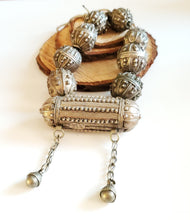 Load image into Gallery viewer, Old silver star burst granulation hallmarked Globe beads Hirz Necklace from Yemen circa 1930s,Bedouin tribal Silver,Ethnic Jewelry
