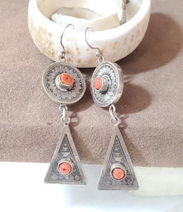 Moroccan Berber Sterling Silver Coral Dangle Earrings, Berber Jewelry, sliver Earrings, Dangle & Drop Earrings,