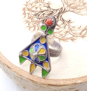 Moroccan Talismanic Berber Silver Enamel Ring size 8.5, tribal jewelry, Silver, Ethnic Jewelry, Tribal Jewelry