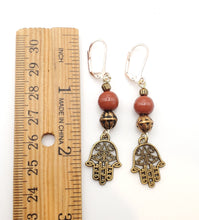 Load image into Gallery viewer, Moroccan Hand of Fatima Hamsa Filigree Earrings brass, Hand of Fatima Jewelry, Dangle &amp; Drop Earrings,
