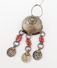 Load image into Gallery viewer, antique Moroccan silver chased circular talisman box three pendants, Berber Amulet,Berber Jewelry,African Jewelry,Charm Pendant,
