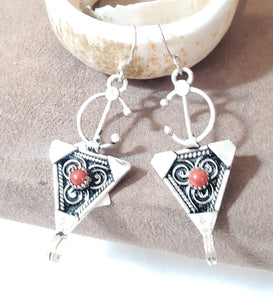 Moroccan Berber Sterling Silver enamels Coral Dangle Earrings ,Berber Jewelry,sliver Earrings,Dangle & Drop Earrings,